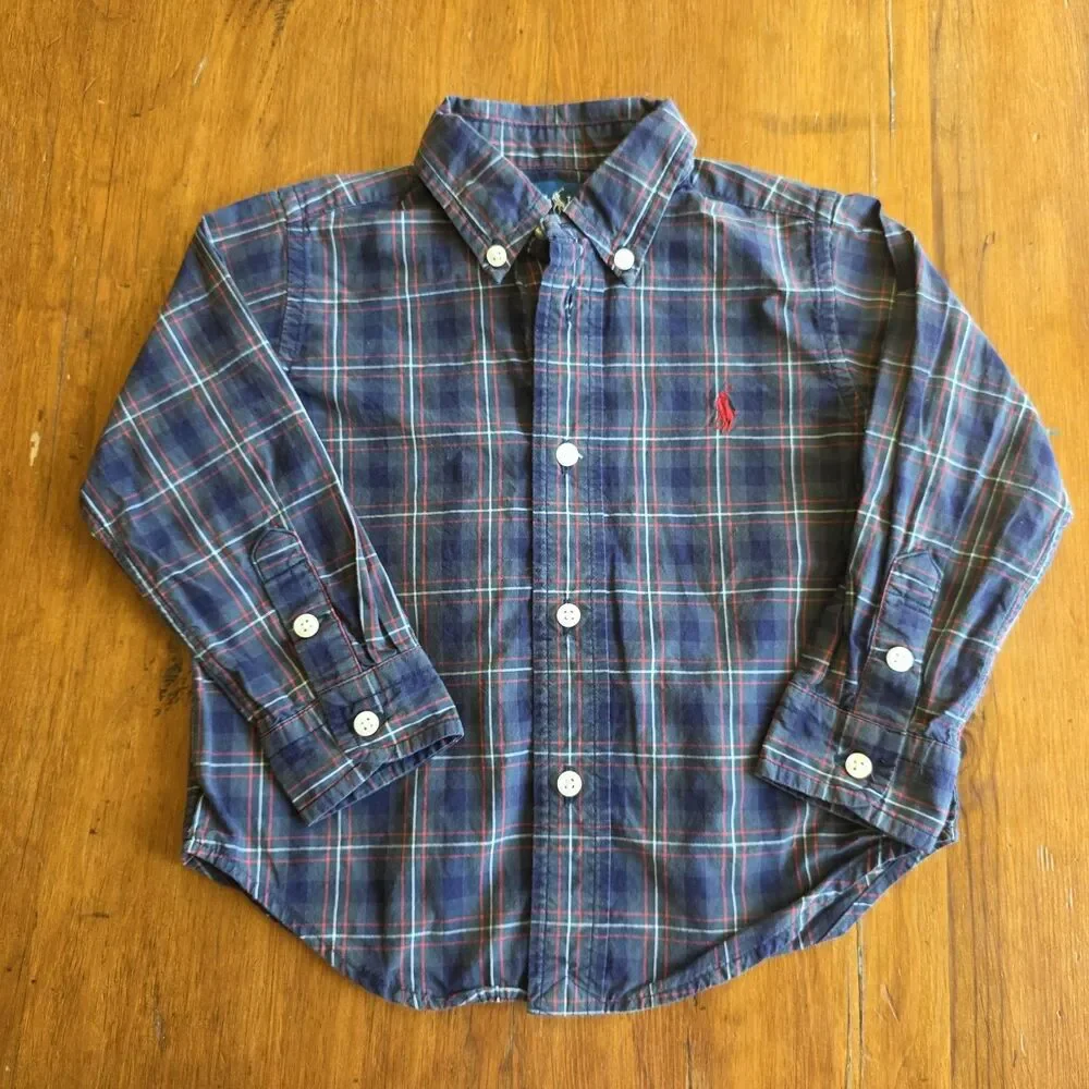 Ralph Lauren Toddler Boys Button Down Long Sleeve Green Plaid Shirt Size 18 Mo